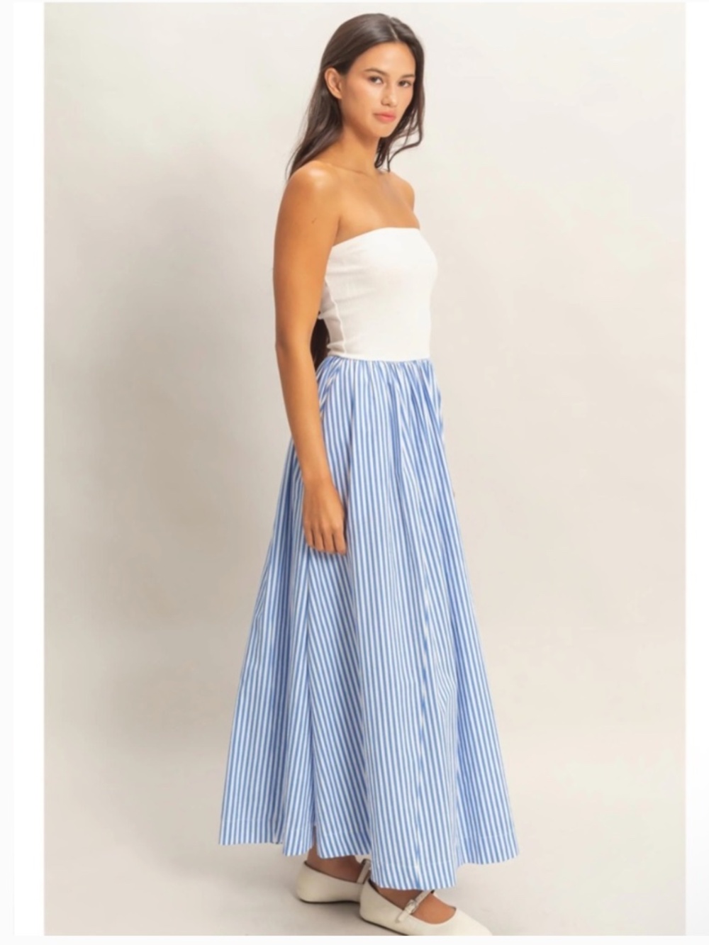 NEW Double Zero Blue Striped Strapless Flowy Midi Dress Large - Picture 4 of 5